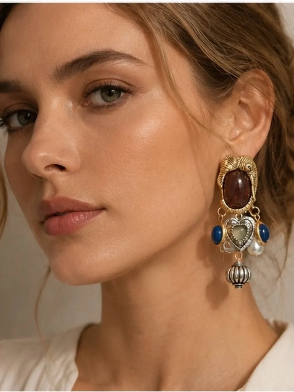 Gold-Tone Multicolor Statement Drop Earrings with Brown and Blue Stones NWOT